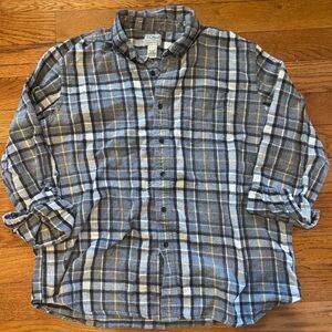 L.L. Bean Gray Plaid Button-Down Shirt with Blue and Yellow Stripes